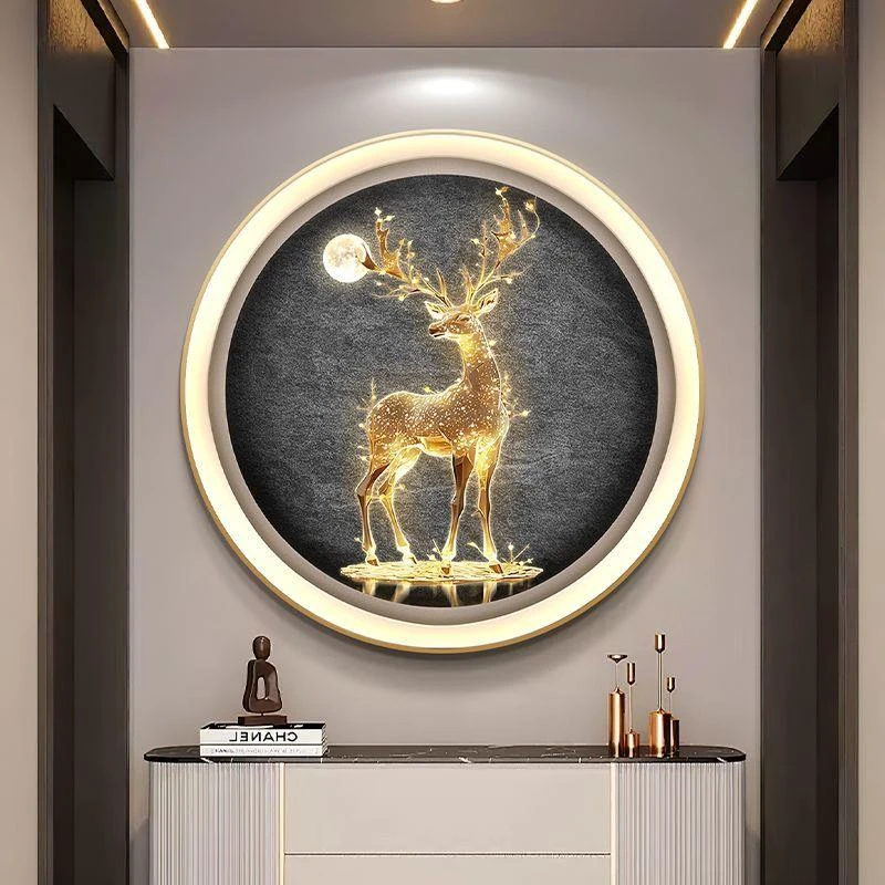 金色鹿圆形玄关装饰画轻奢高级感走廊过道挂画入户背景墙带灯壁画