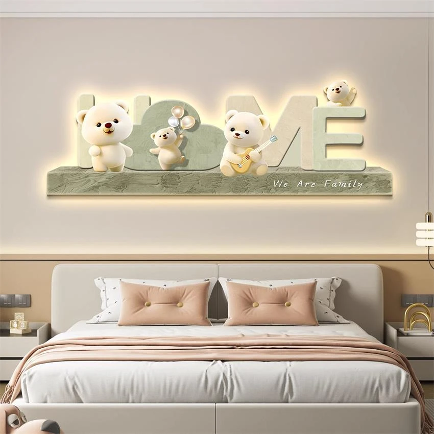 奶油风轻奢led灯儿童房卧室装饰画挂画小熊简约现代男孩女孩房间