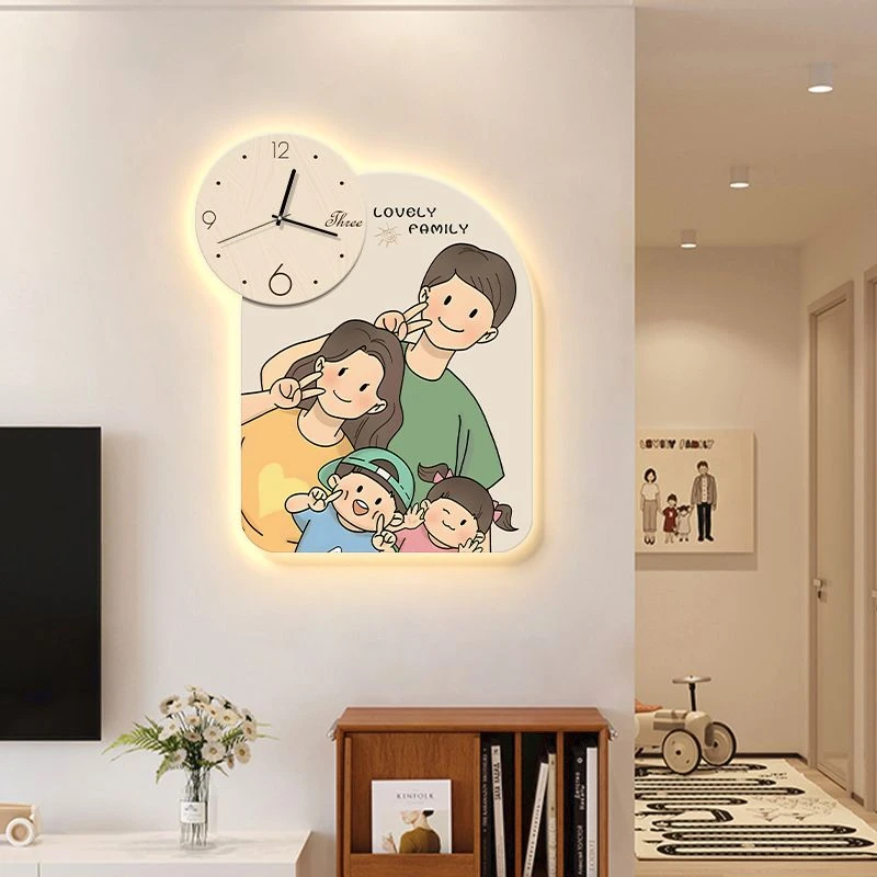 一家三四口钟表挂钟客厅家用时尚网红餐厅装饰画创意时钟挂墙壁灯