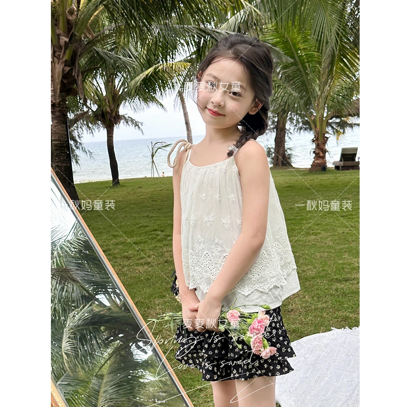 麦麦秋【现货-蕾丝吊带娃娃衫韩版甜美风格+100棉】女童夏季蕾丝