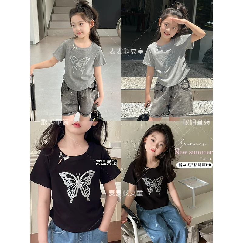 麦麦秋【母女蝴蝶结烫钻T恤+手感柔软德芙棉+甜美少女心】女童夏