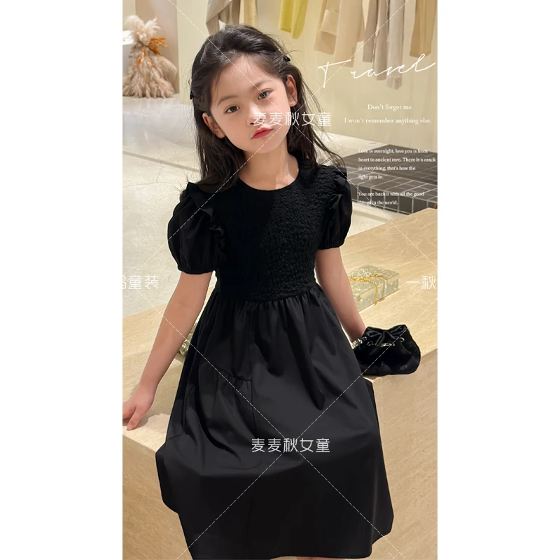 麦麦秋【现货-赫本风小黑裙泡泡袖连衣裙】女童夏季收腰