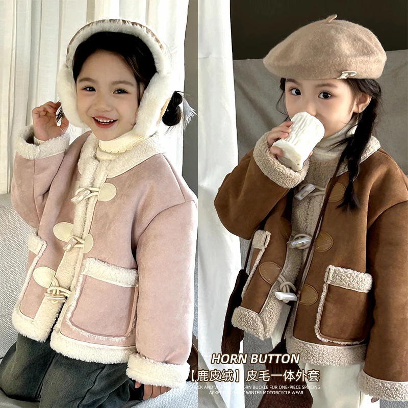 【现货一秋自留+眷恋一刻】加厚牛角扣皮毛一体拼接外套女童冬季