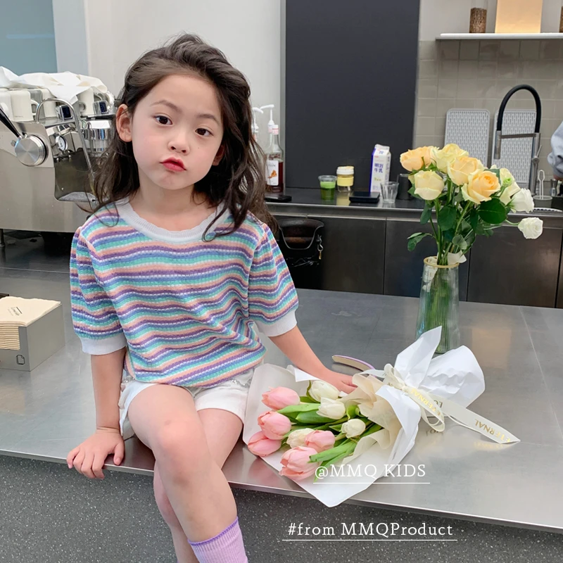 【现货】亲子彩色条纹针织衫女童夏季薄款套头百搭系穿搭童装上衣