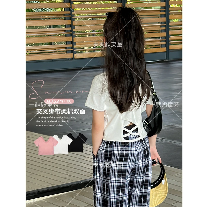 麦麦秋【现货-后背杀辣妹T恤交叉绑带百搭又有设计感96.6柔棉】女童