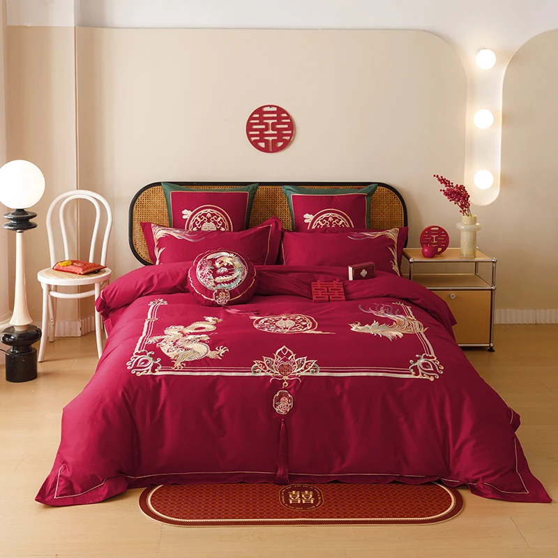 2024新款100支大红婚庆系列四件套床上用品床单被罩四件套纯棉4件