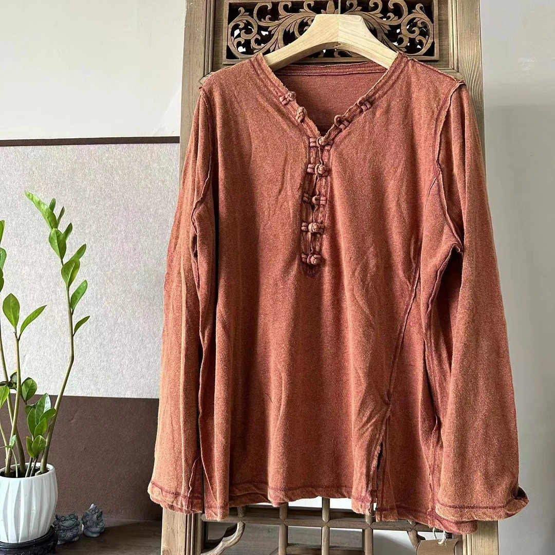 肖肖分享 中式长袖盘扣套头打底75%亚麻25%棉T恤X7072