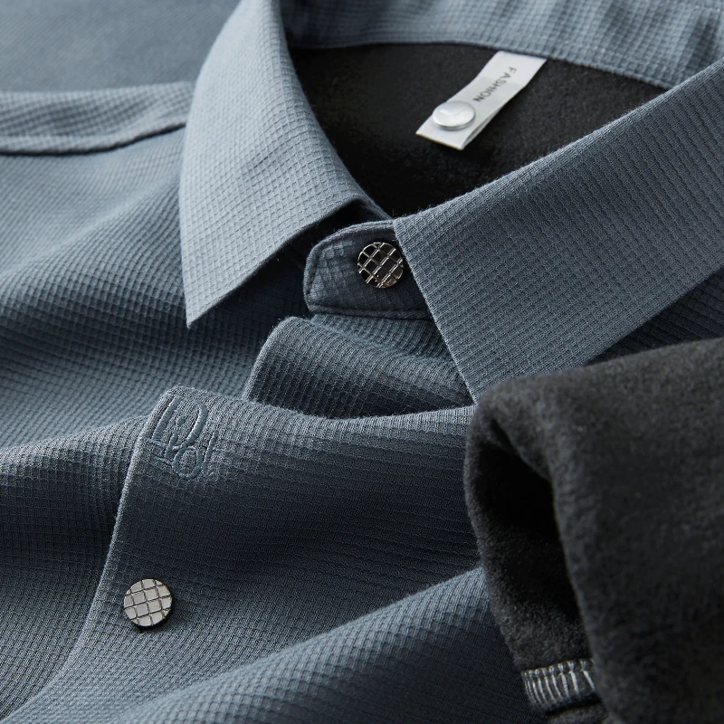 男衬衫长袖2023新款爆款加绒加厚秋冬蓝色华夫格商务衬衣男装长袖