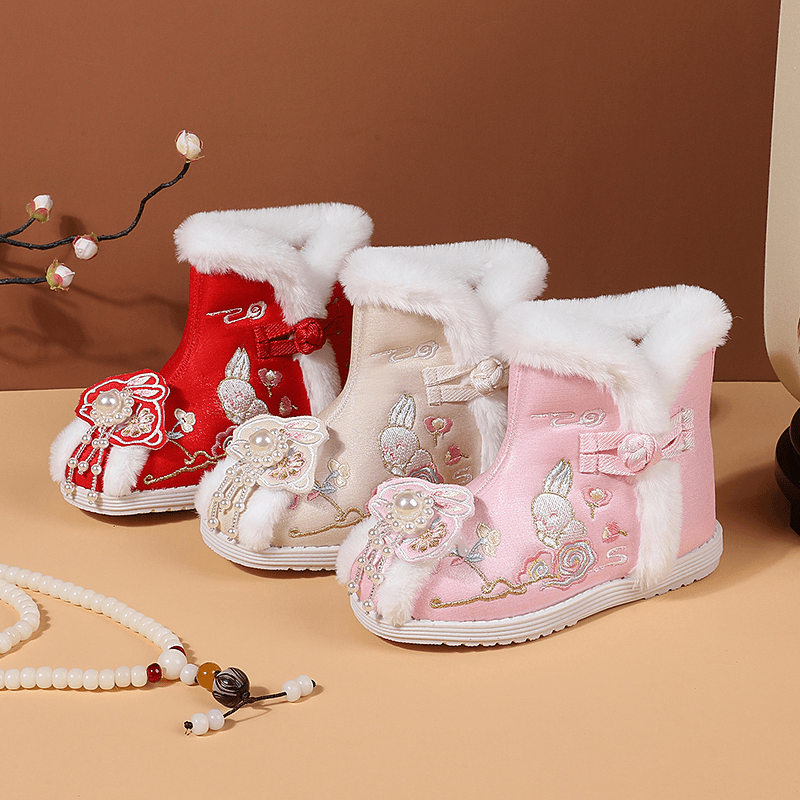 【富贵】女童鞋冬季儿童大棉鞋秋冬中国风女宝宝拜年绣花鞋古风布