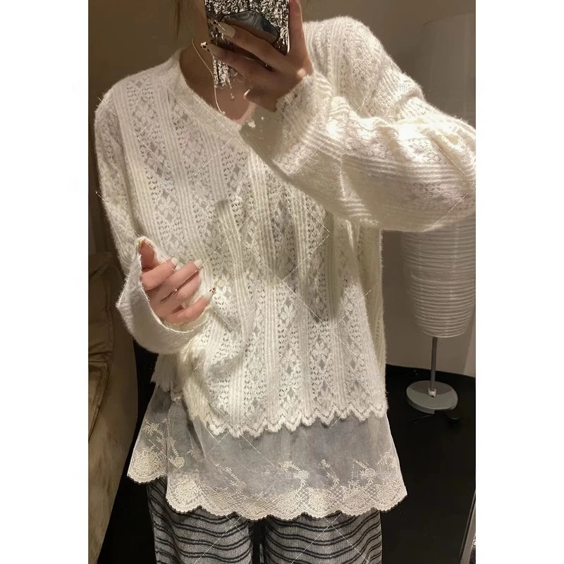 重工轻奢打底衣女内搭高级感蕾丝秋冬法式长袖小衫显瘦钩花上衣