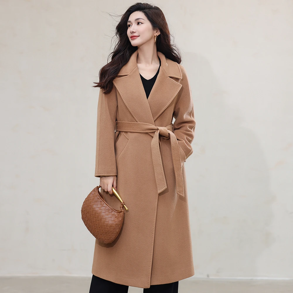女士冬季气质翻领秋冬羊绒大衣中长款系带呢子外套带里衬