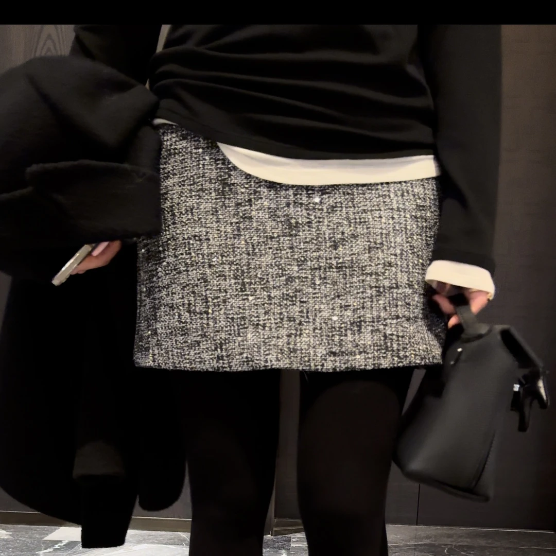 【大運姐专属】毛呢串联珠片高腰包臀A字裙小香风气质时尚显瘦百搭