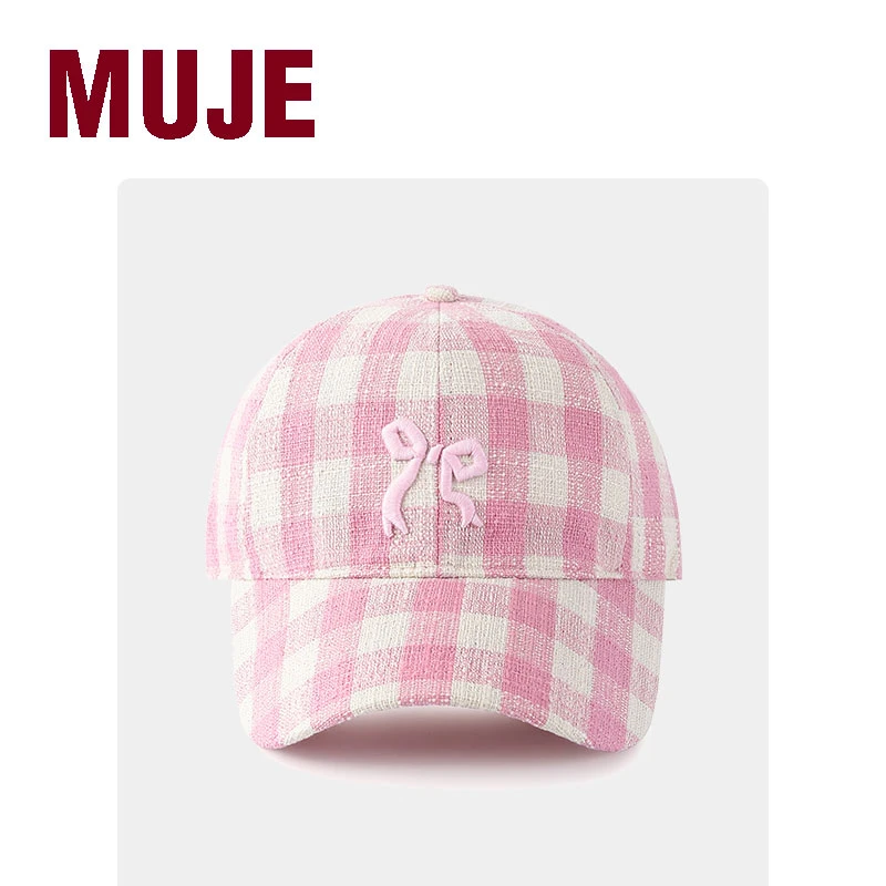 MUJE千鸟格刺绣帽子女款蝴蝶结软顶棒球帽女显脸小休闲百搭鸭舌帽
