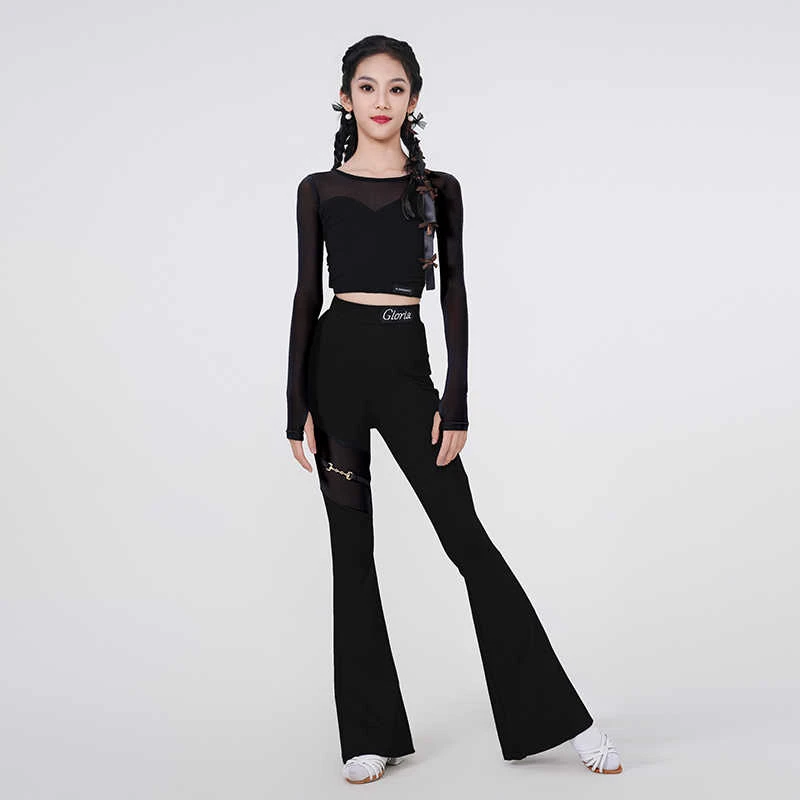 歌瑞亚拉丁舞服新款女网纱上衣喇叭裤子儿童拉丁表演出练功服套装