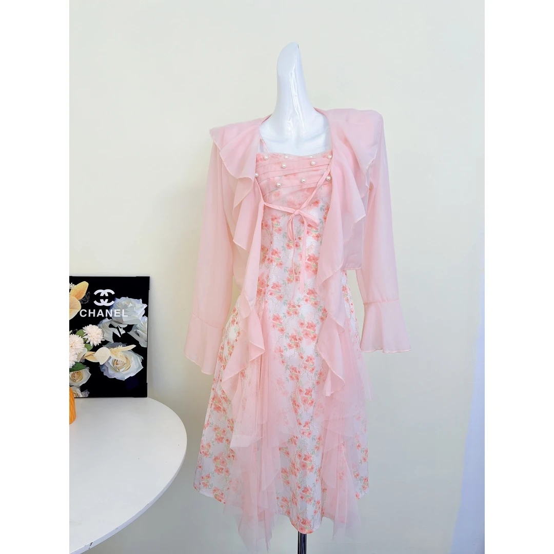 1094 W法式浪漫粉色开衫吊带连衣裙套装2024夏季新款钉珠碎花长裙