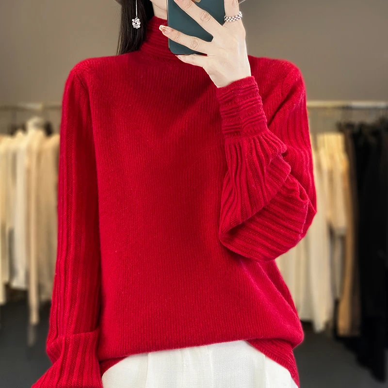 7322 秋冬季新款宽松泡泡袖半高领时尚高领修身百搭女士针织衫