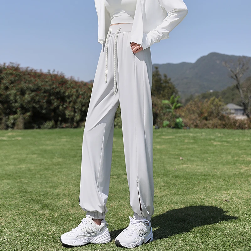 2024户外运动防晒高腰百搭抽绳开叉薄款冰丝遮肉显瘦束脚防蚊裤