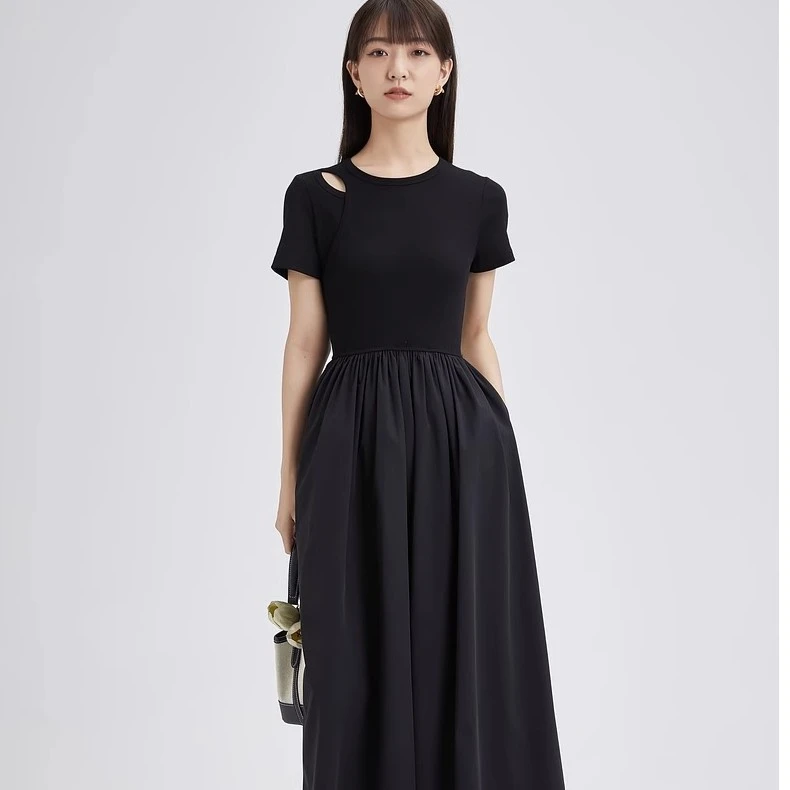 夏季新款法式赫本风连衣裙女高腰显瘦针织拼接短袖镂空a字长裙