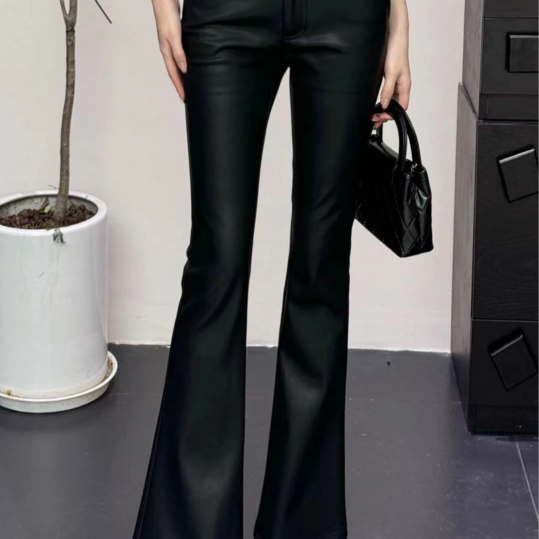 春秋修身休闲黑色微喇叭时尚弹力皮裤XT24605