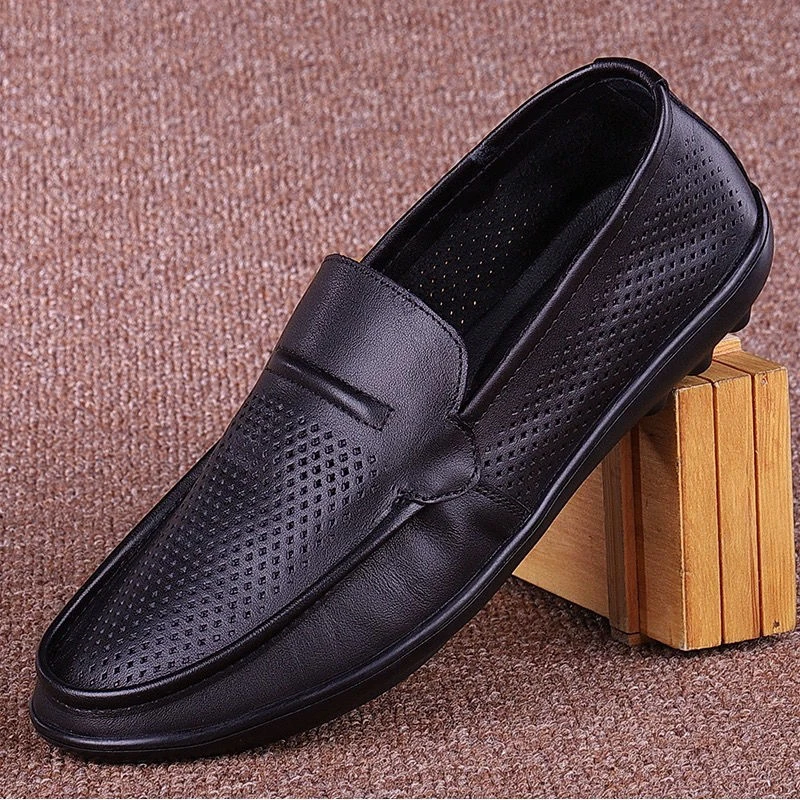 男真皮头层牛皮镂空透气打孔洞洞鞋豆豆鞋男士百搭男款凉皮鞋薄款