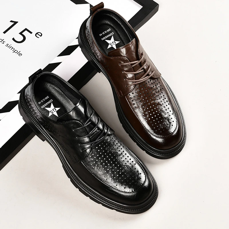 镂空皮鞋男夏季透气真皮牛皮男士百搭休闲鞋时尚系带打孔洞洞凉鞋