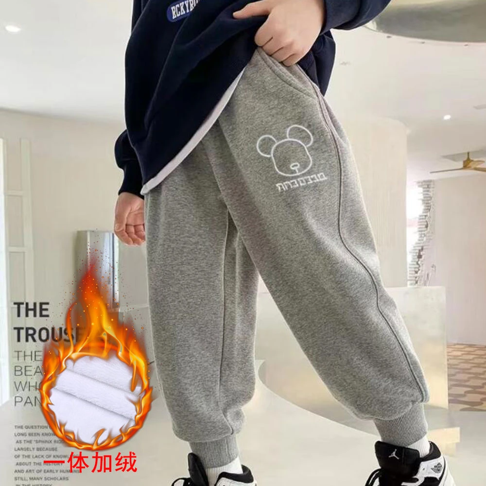 宠粉福全棉加绒卫裤一体绒秋冬款男童女童加绒裤子绣花款中大童潮