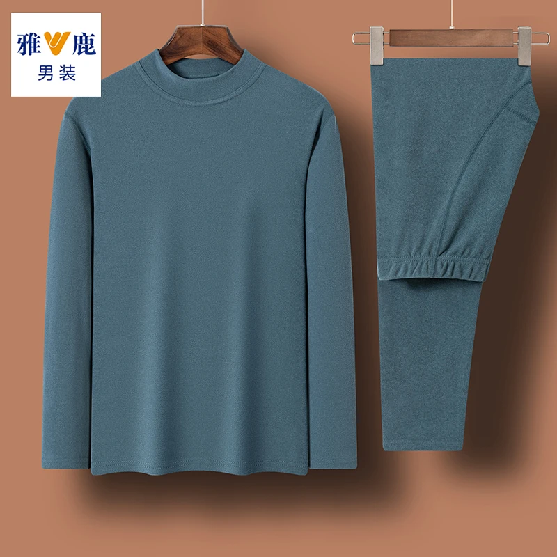 发热德绒保暖小圆领纯色男士保暖套装秋衣秋裤防寒舒适秋冬