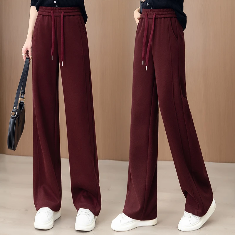 安可拉红羊毛阔腿裤女2024秋冬季新款松紧高腰软糯羊毛呢直筒裤子