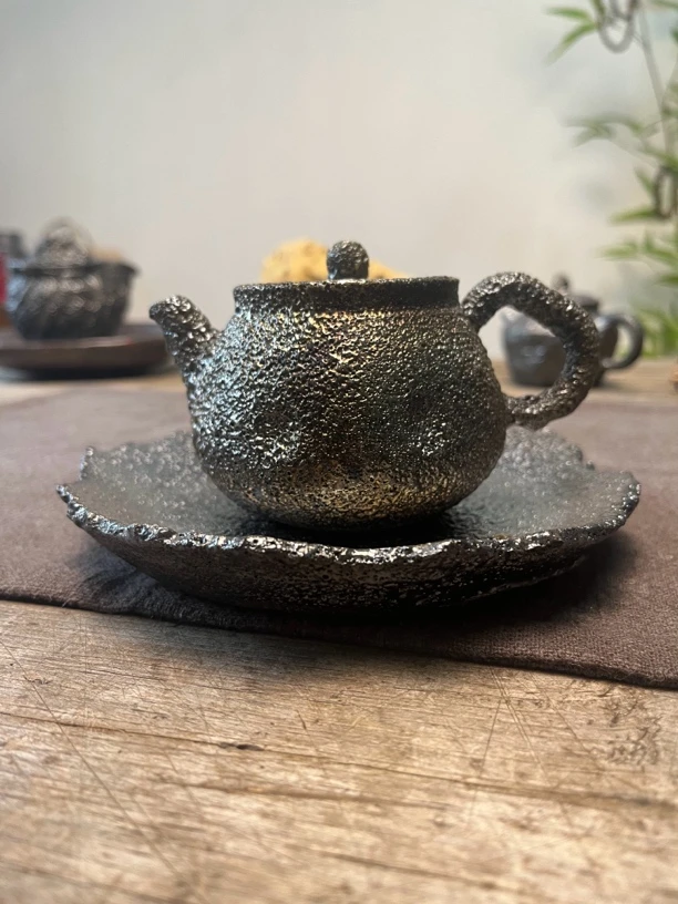 创意复古粗陶茶壶老岩泥手作家用泡茶器全手工精美柴烧手捏壶金色