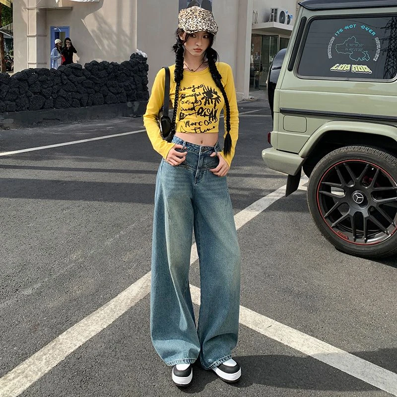 新款设计感阔腿牛仔裤复古高腰直筒裤设计感拖地长裤阔腿裤女2610