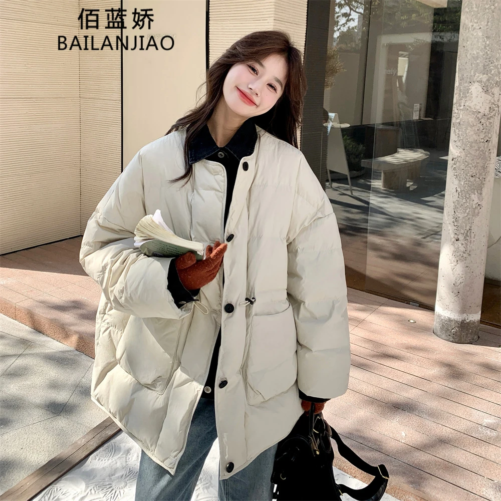 牛仔拼接假两件羽绒服女冬2024新款学院风休闲文艺森系面包服爆款