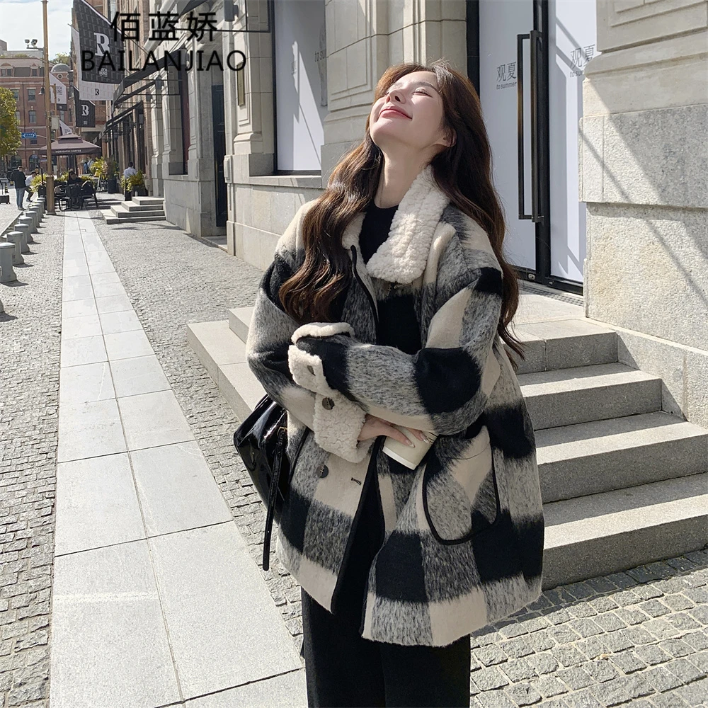 格子夹棉毛呢外套女秋冬2025新款设计感赫本风仿羊羔毛领呢大衣