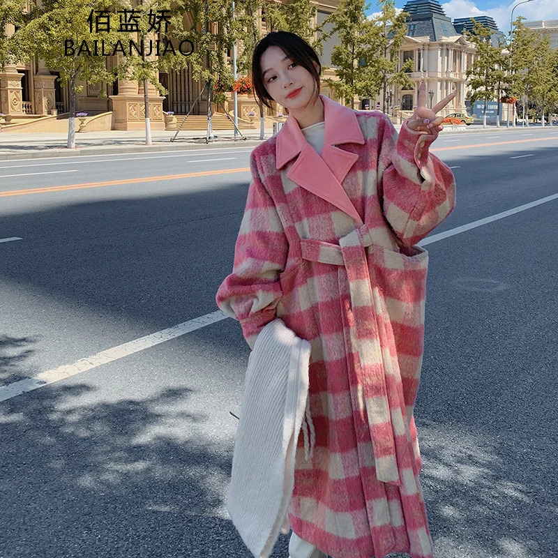粉色格子仿羊绒毛呢外套女秋冬长款过膝2025新款宽松温柔呢子大衣