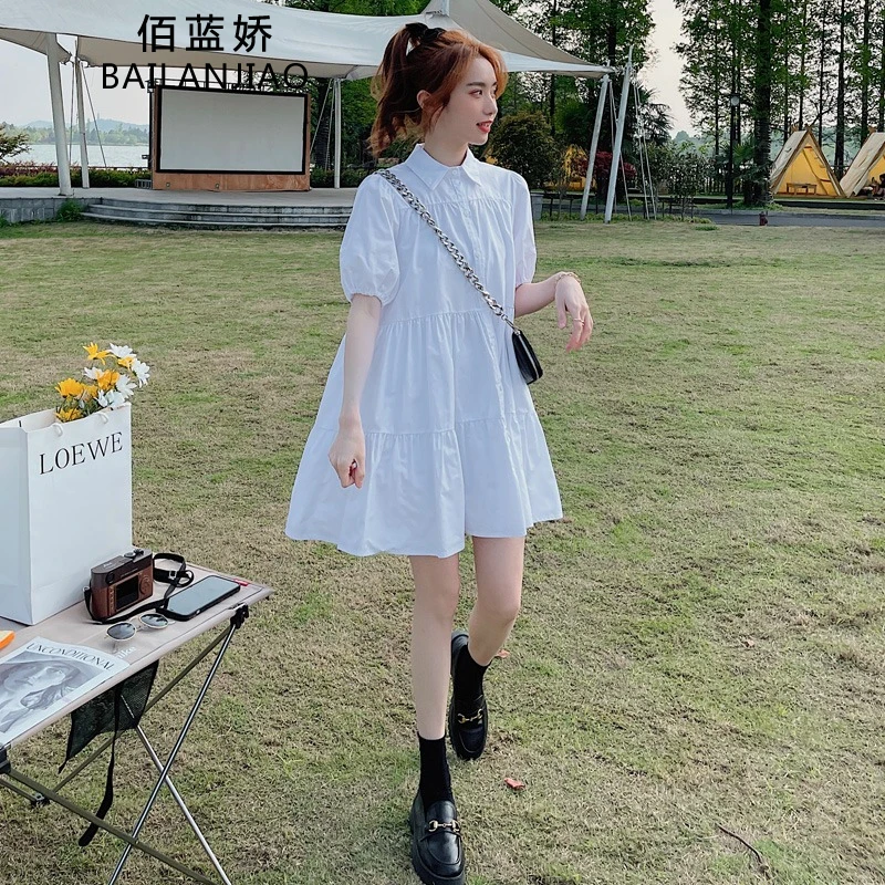 法式甜美泡泡袖衬衫连衣裙2025夏季韩版宽松小个子森系初恋娃娃裙