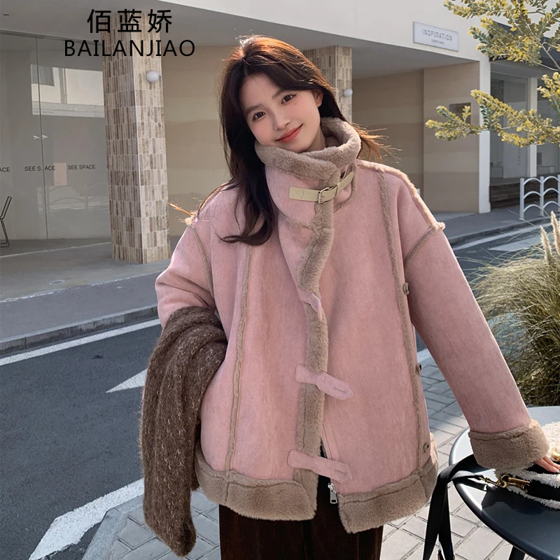 粉色皮毛一体仿羊羔毛外套女秋冬2024新款机车服流行爆款洋气上衣
