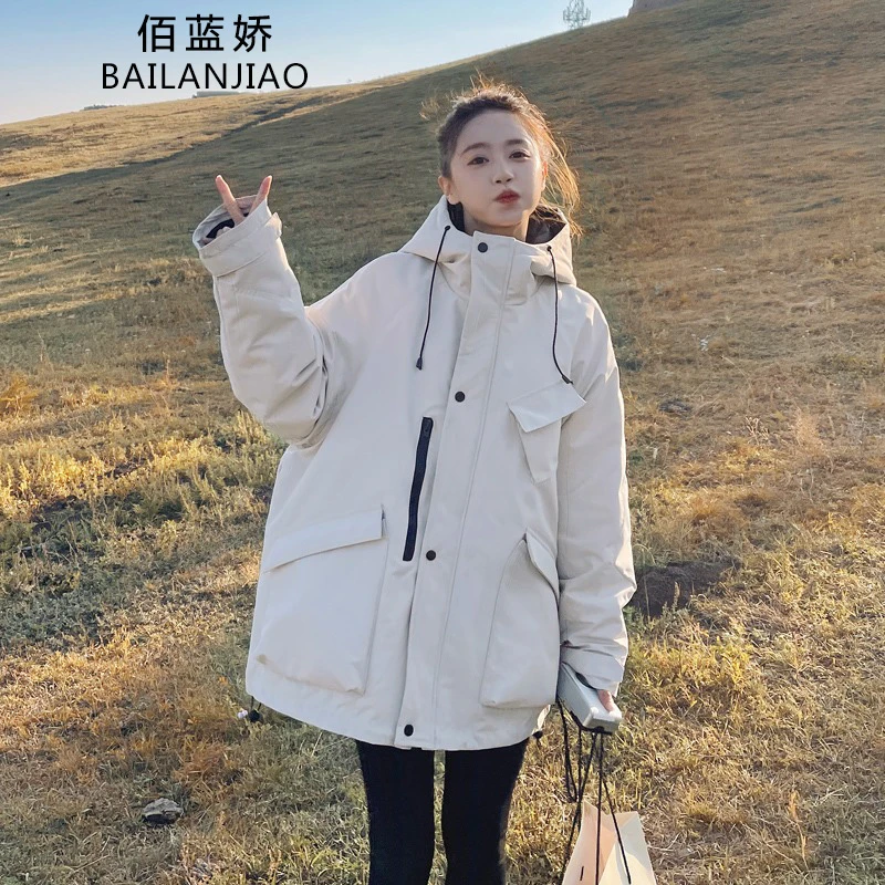 米白色工装派克服棉服女2023冬季冲锋衣外套连帽加厚宽松棉衣棉袄