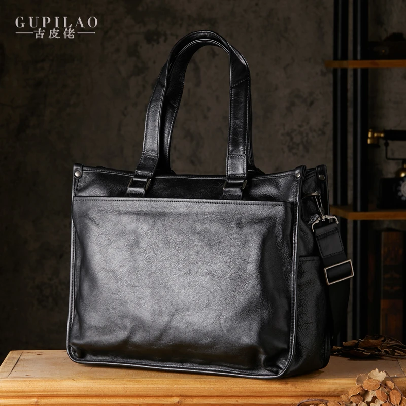 手工真皮男士公文包大容量出差商务包头层植鞣牛皮休闲手提电脑包