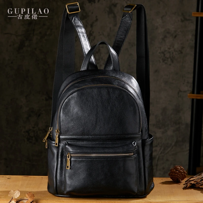 手工头层植鞣牛皮双肩包男女真皮百搭时尚背包韩版学院风休闲书包