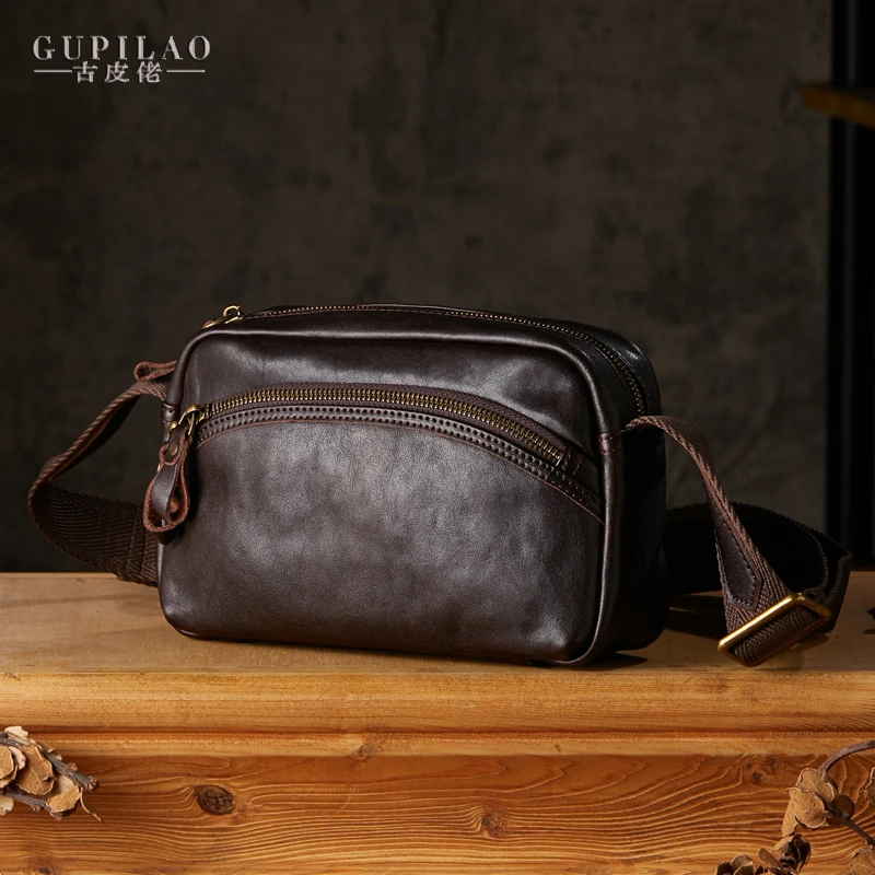 手工植鞣牛皮男士单肩斜挎包户外休闲真皮男包潮流时尚横款小挎包
