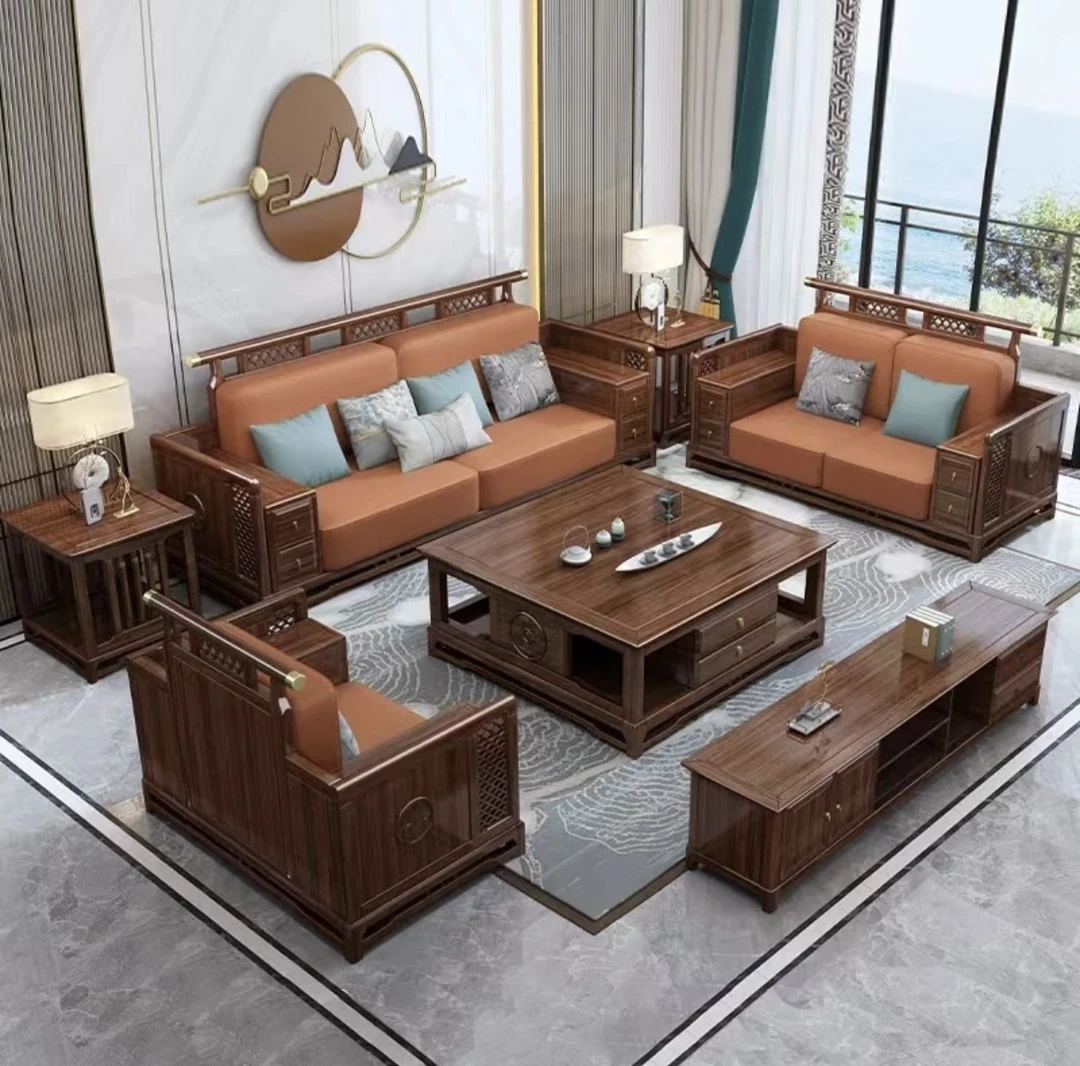 新中式乌金木实木沙发组合别墅大户型现代简约冬夏两用别墅沙发