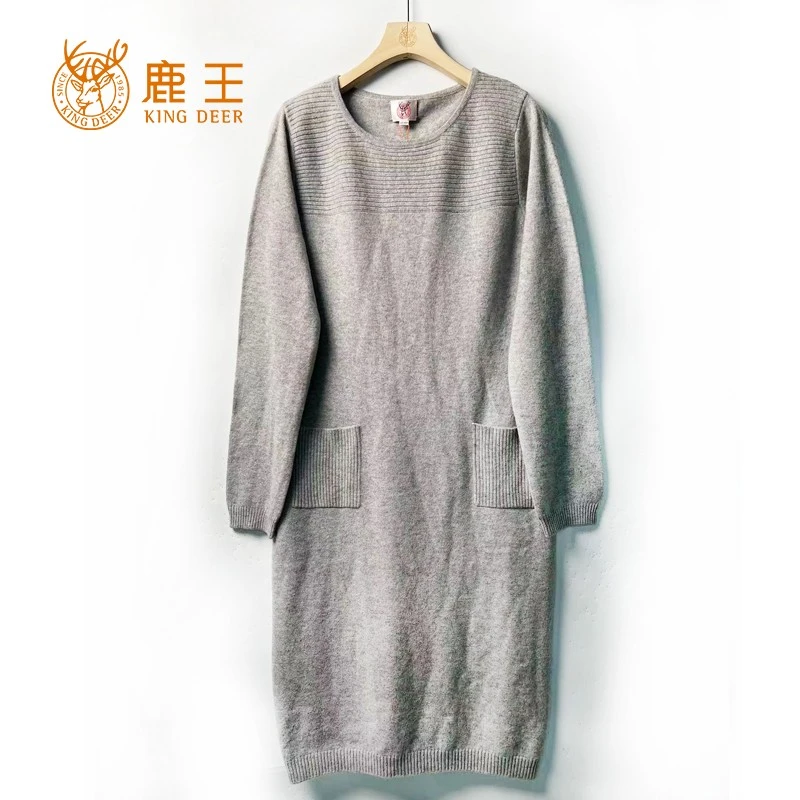 编码643 尺码160 鹿王女圆领100山羊绒中长款针织套衫