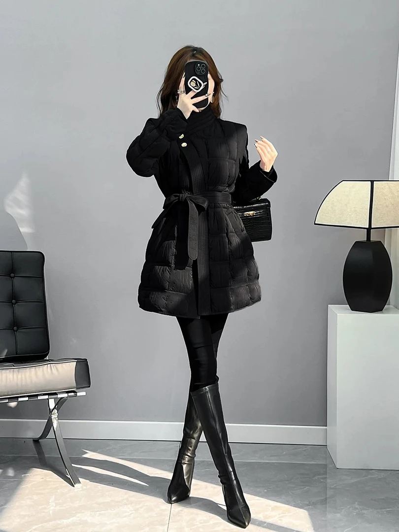 [新国标白鸭绒]2024新款冬季女装显瘦收腰气质时尚压皱中长款外套