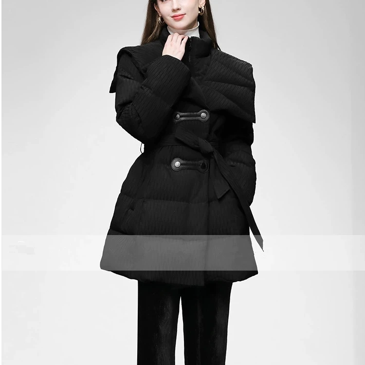 [新国标白鸭绒]2024新款轻奢高级感假两件冬女时尚中长款翻领外套