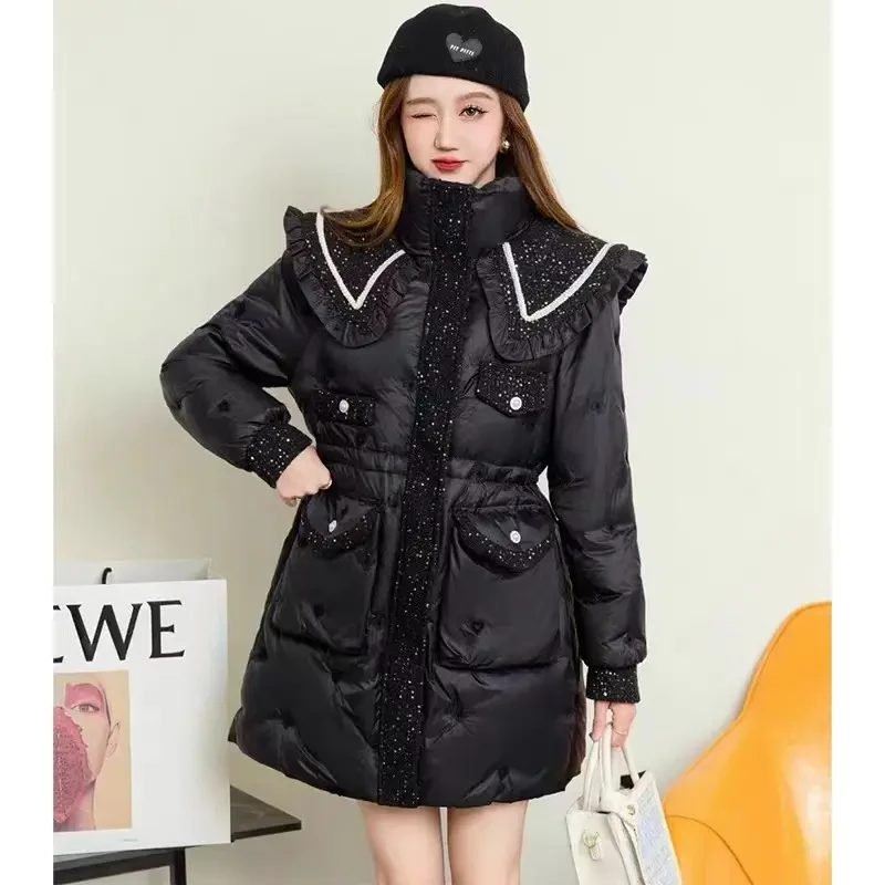 2023新款冬季女装名媛小香风收腰显瘦娃娃领中长款亮片女装外套