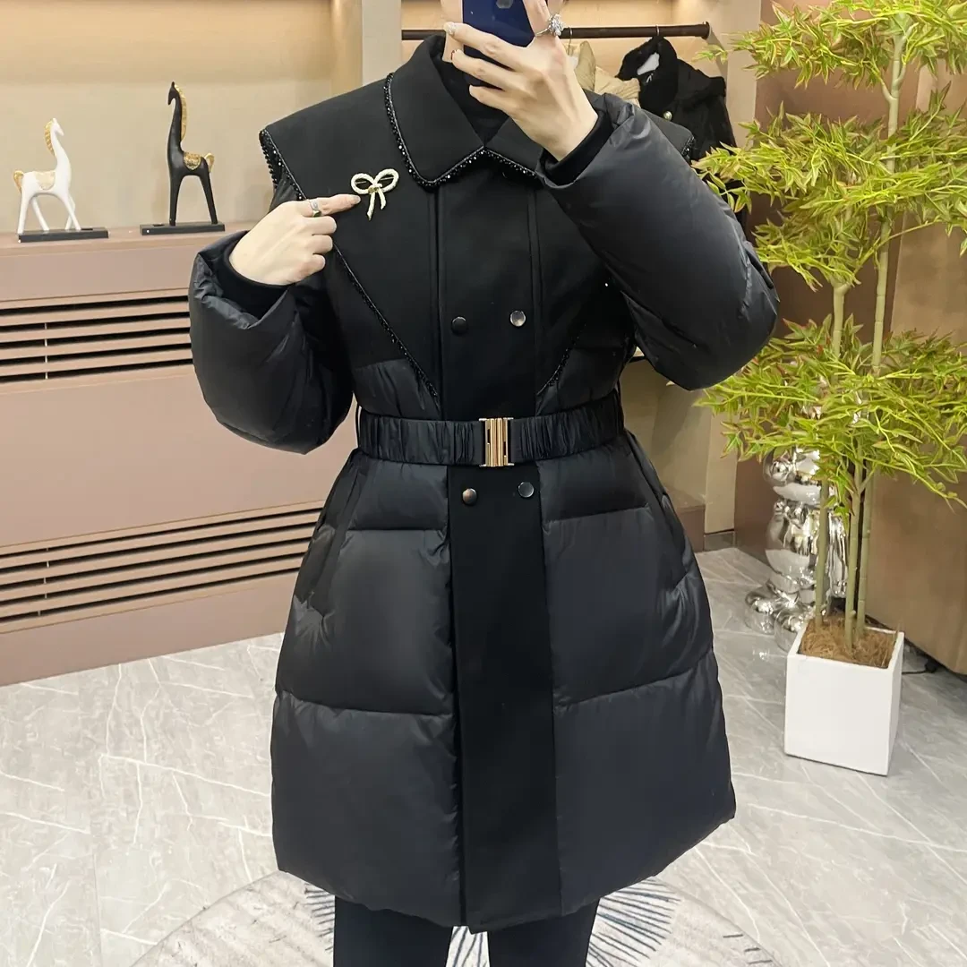 2024新款冬款显瘦拼接收腰气质时尚外套女大气中长款亮片减龄外套