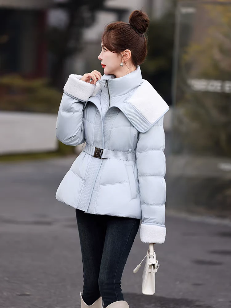[新国标白鸭绒]女羊羔毛翻领2024新款减龄假两件外套冬季显瘦外套