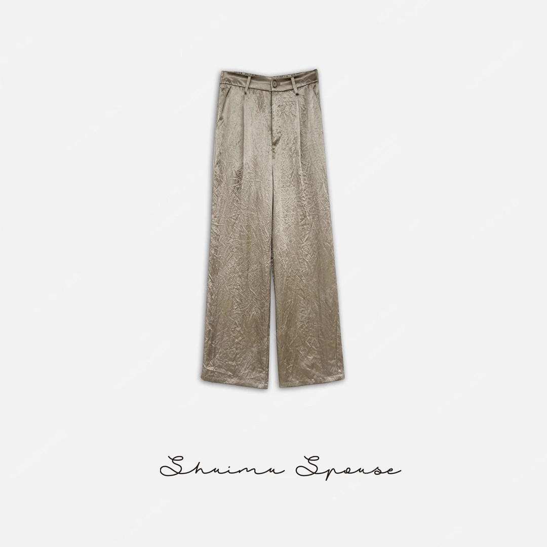 爽滑冰凉褶皱感醋酸直筒休闲拖地长裤