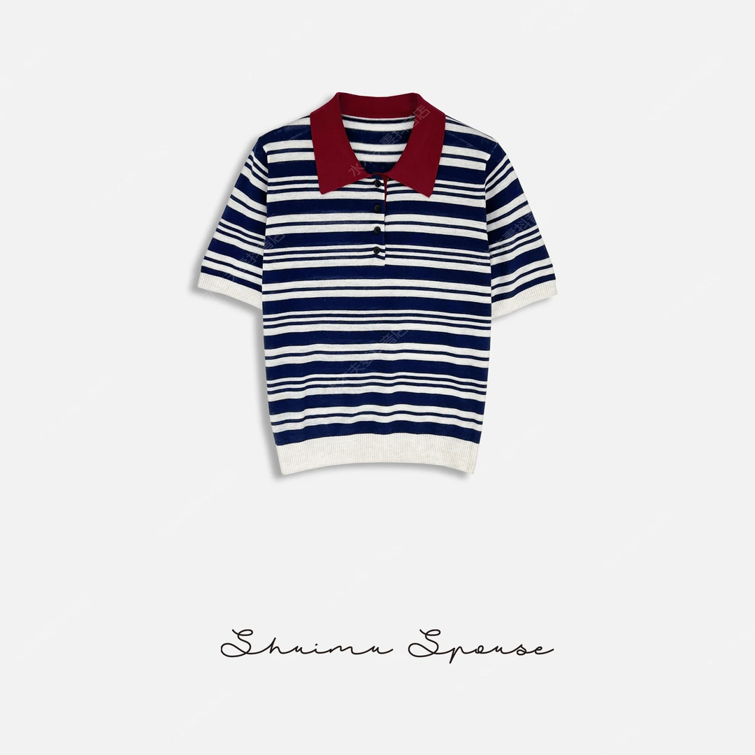 复古撞色POLO领条纹针织衫/3328