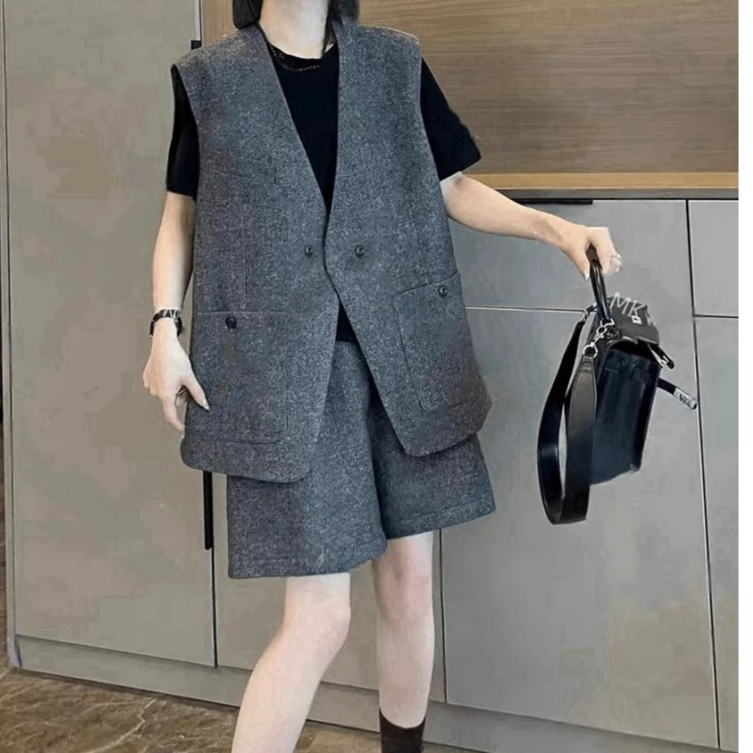 休闲别致马甲阔腿短裤两件套2024早秋大码胖MM时尚宽松洋气套装女