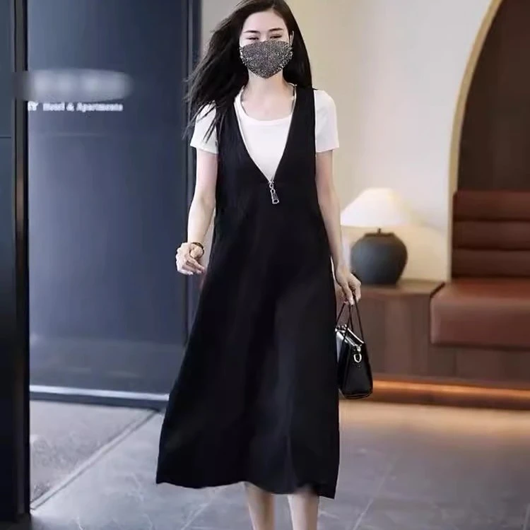 大码时尚背心裙子夏季新款胖mm宽松洋气休闲百搭中长款连衣裙6619